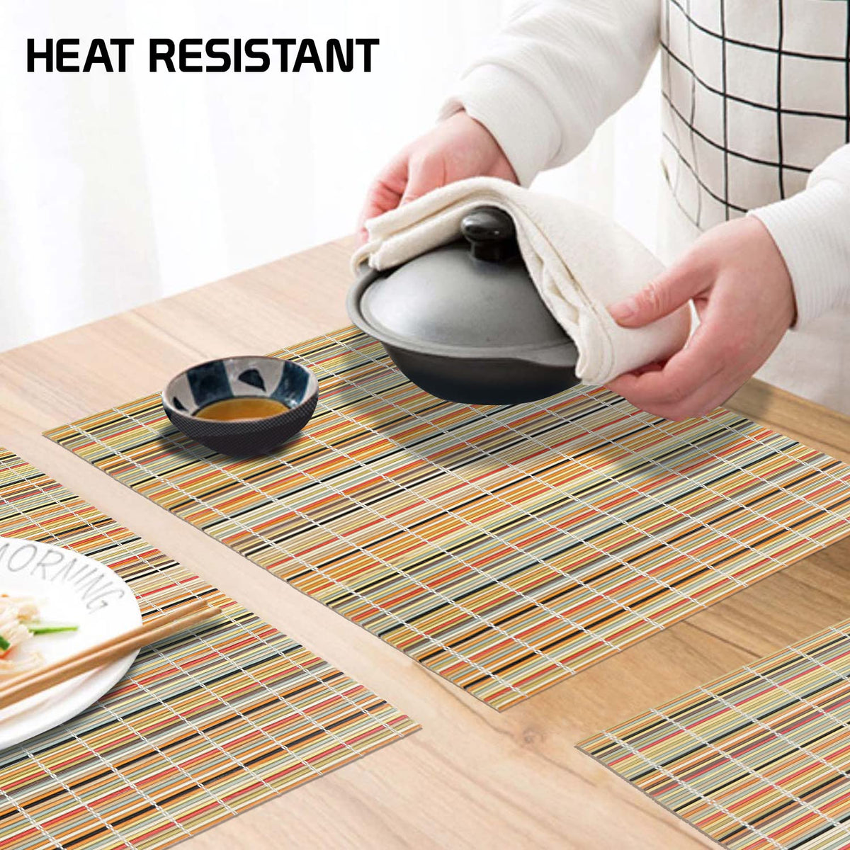 Buy premium Rainbow Stripes colour heat resistant bamboo dining table mat | Hokipo