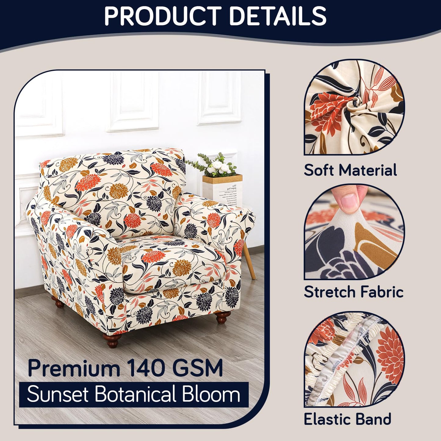 Printed Stretchable Sofa Slipcover with 1/2/3 Pc Separate Seat Cushion Cover for each 1/2/3 Seater, Sunset Botanical Bloom