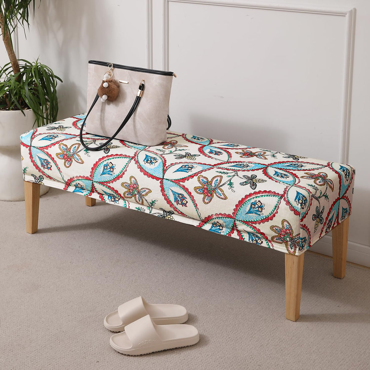 Premium Printed Velvet Stretchable Dining Bench Slipcover, Beige Persian Garden