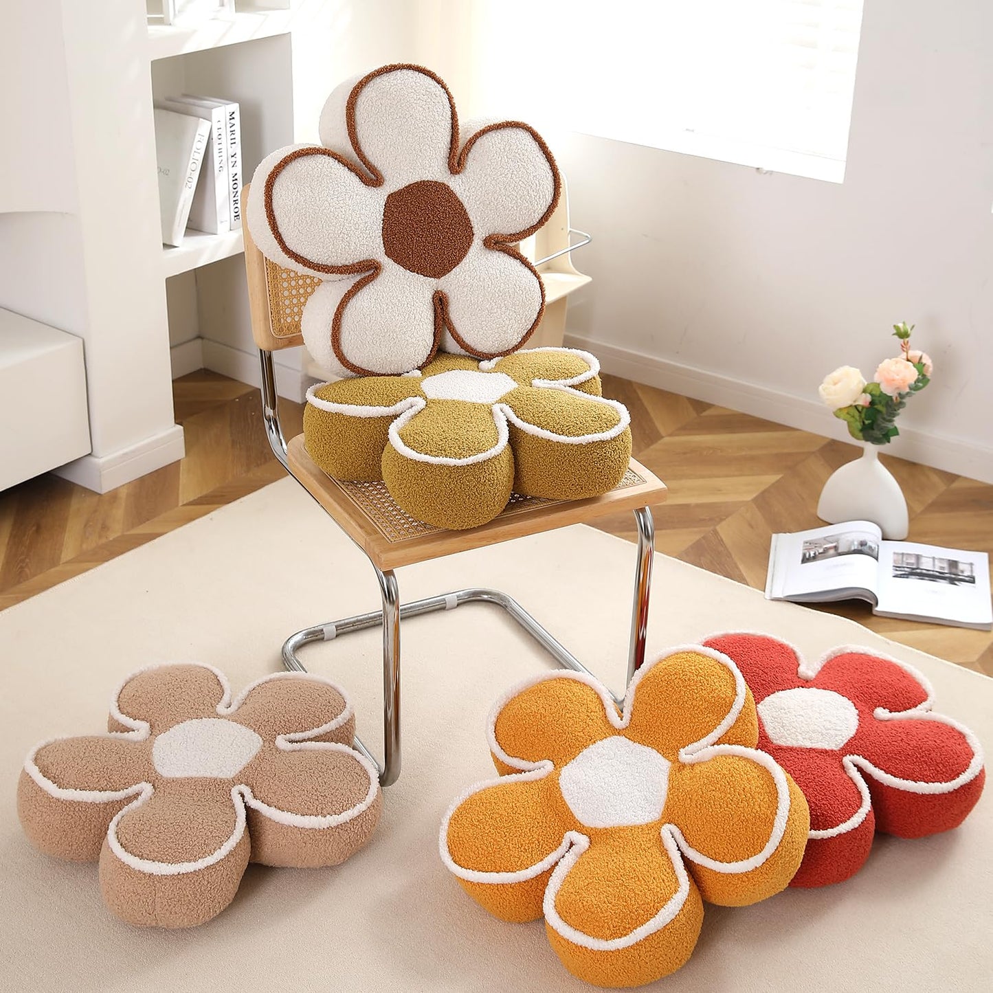 HOKIPO Plush Cotton Flower Cushion | Decorative Throw Pillow for Bed & Sofa - Orange