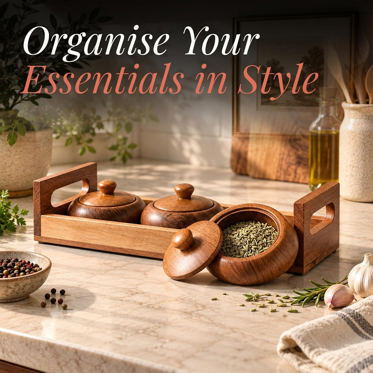 HOKIPO Arbor Acacia Wood Spice Jar Set with Tray, 3 Jars, Masala Box - image 2