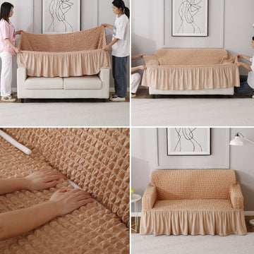 How to put Beige stretchable Turkish Bubble frill sofa cover guide