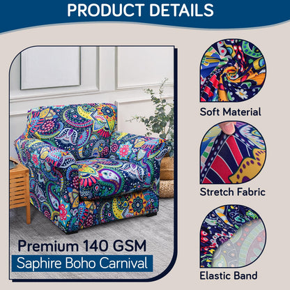 Printed Stretchable Sofa Slipcover with 1/2/3 Pc Separate Seat Cushion Cover for each 1/2/3 Seater, Saphire Boho Carnival