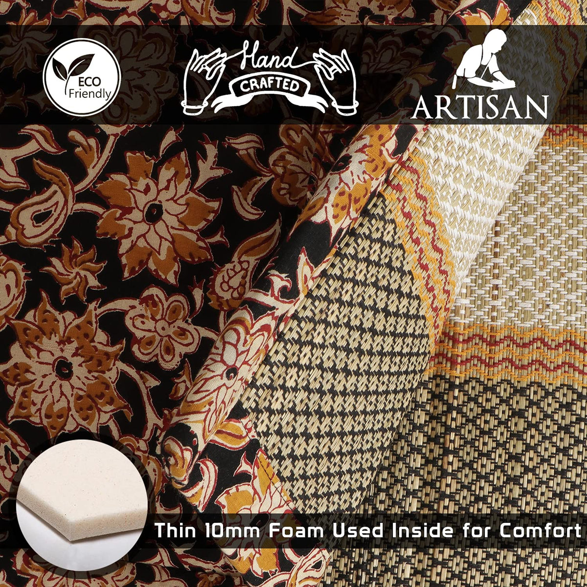 Black Handcrafted Madurkathi mat with Kalamkari design and 10mm foam for comfort, eco-friendly material.