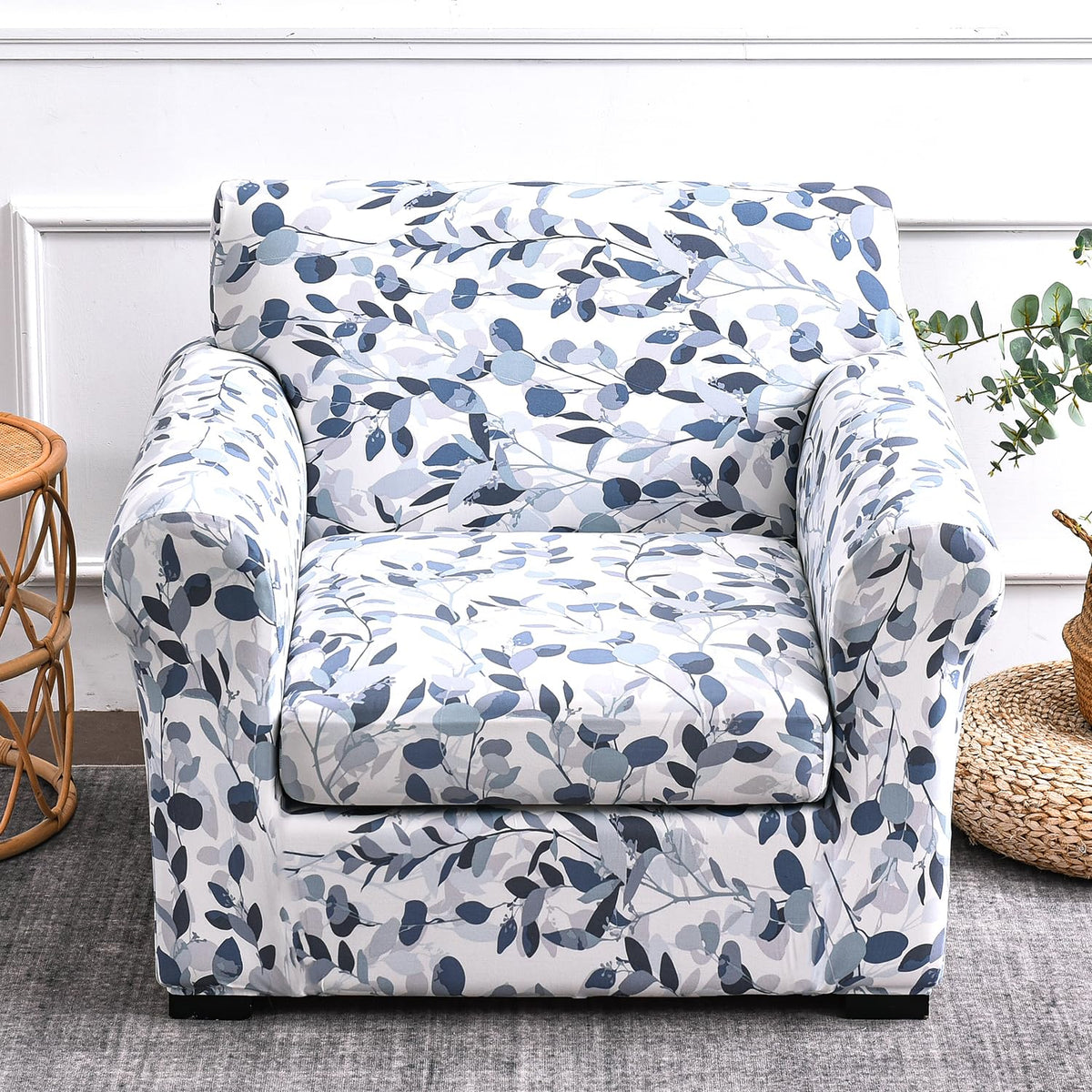 Printed Stretchable Sofa Slipcover with 1/2/3 Pc Separate Seat Cushion Cover for each 1/2/3 Seater,Frost Blue Foilage