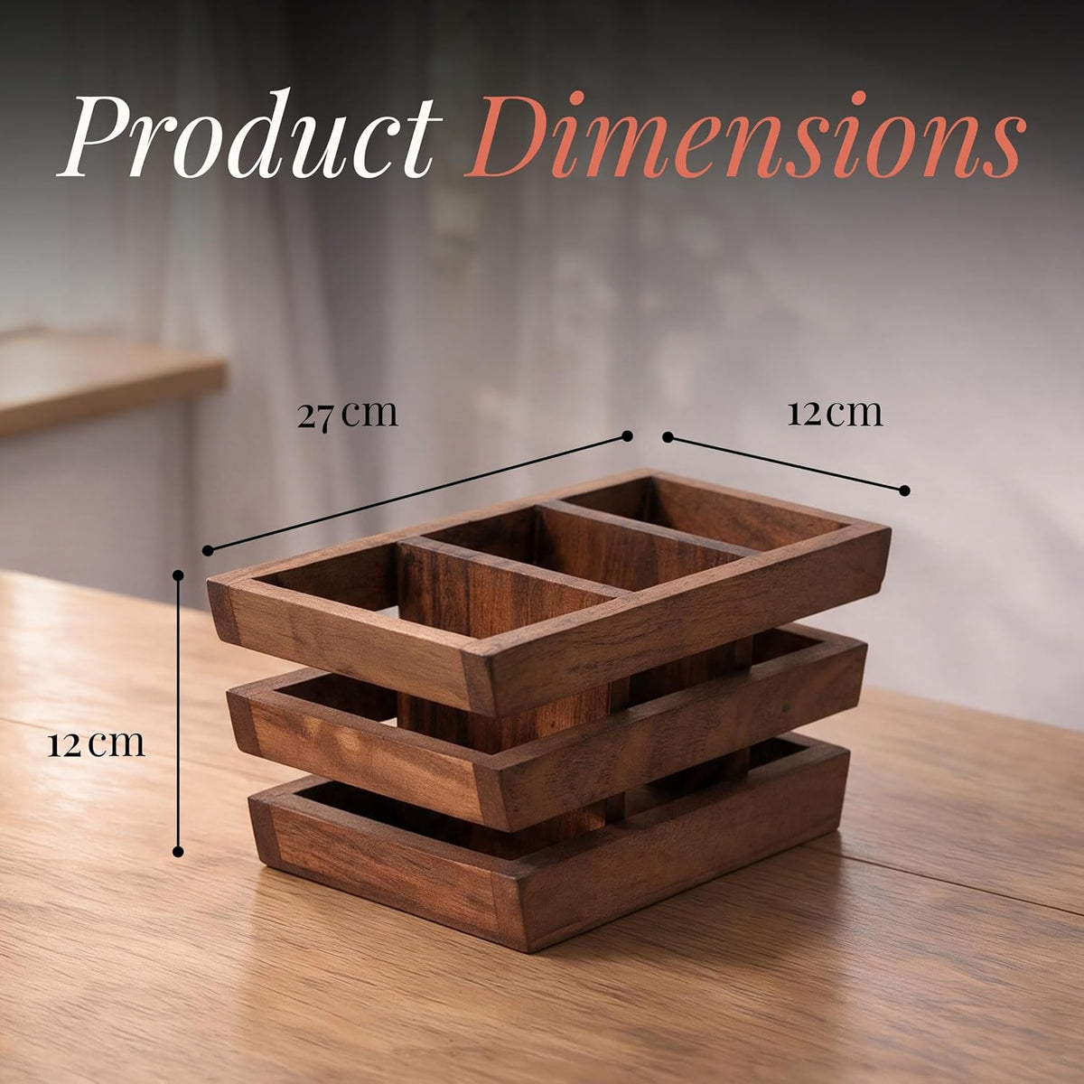 HOKIPO Arbor Acacia Wood Cutlery Holder, 3 Compartment Slatted Spoon Stand - image 5