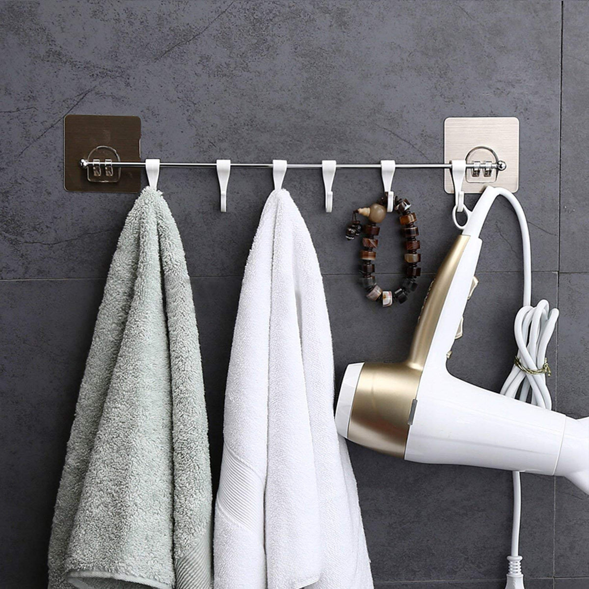 Magic Sticker Series Self Adhesive Chrome Plated Metal Hook Rail Bar for Kitchen and Bathroom, Silver
