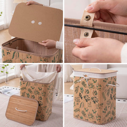 Eco-Friendly Foldable Bamboo Laundry Basket Hamper with Lid, Large - 60 Liter, Fern Leaves
