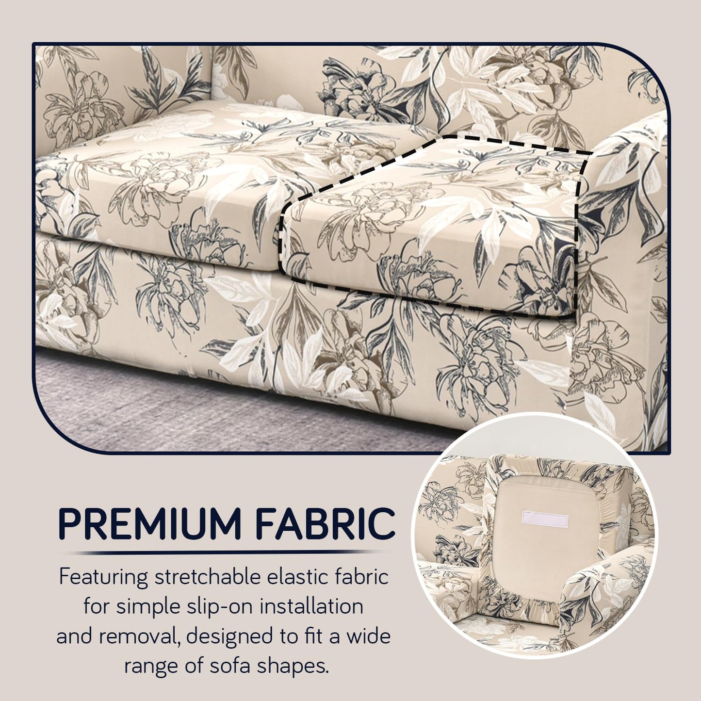 Printed Stretchable Sofa Slipcover with 1/2/3 Pc Separate Seat Cushion Cover for each 1/2/3 Seater, Beige Vintage Peony