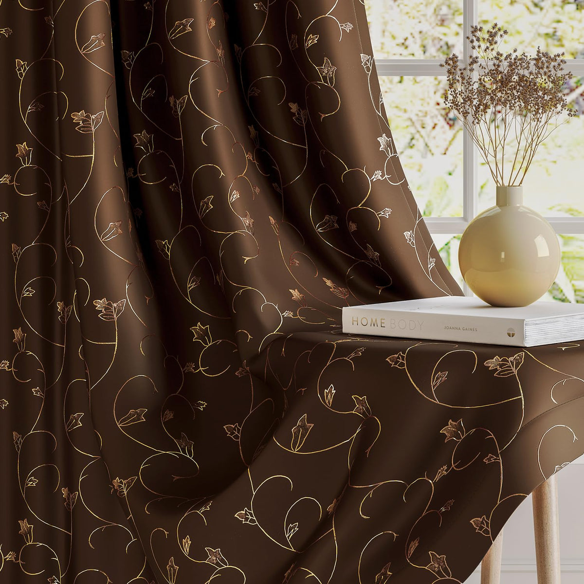 HOKIPO Golden Vine Eyelet Curtains, 7 Feet Long - Chocolate Brown