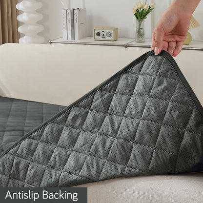 HOKIPO Quilted Waterproof Sofa Seat Mat for 1/2/3 Seater Sofa with 2 Armrest Covers with Pockets, Grey