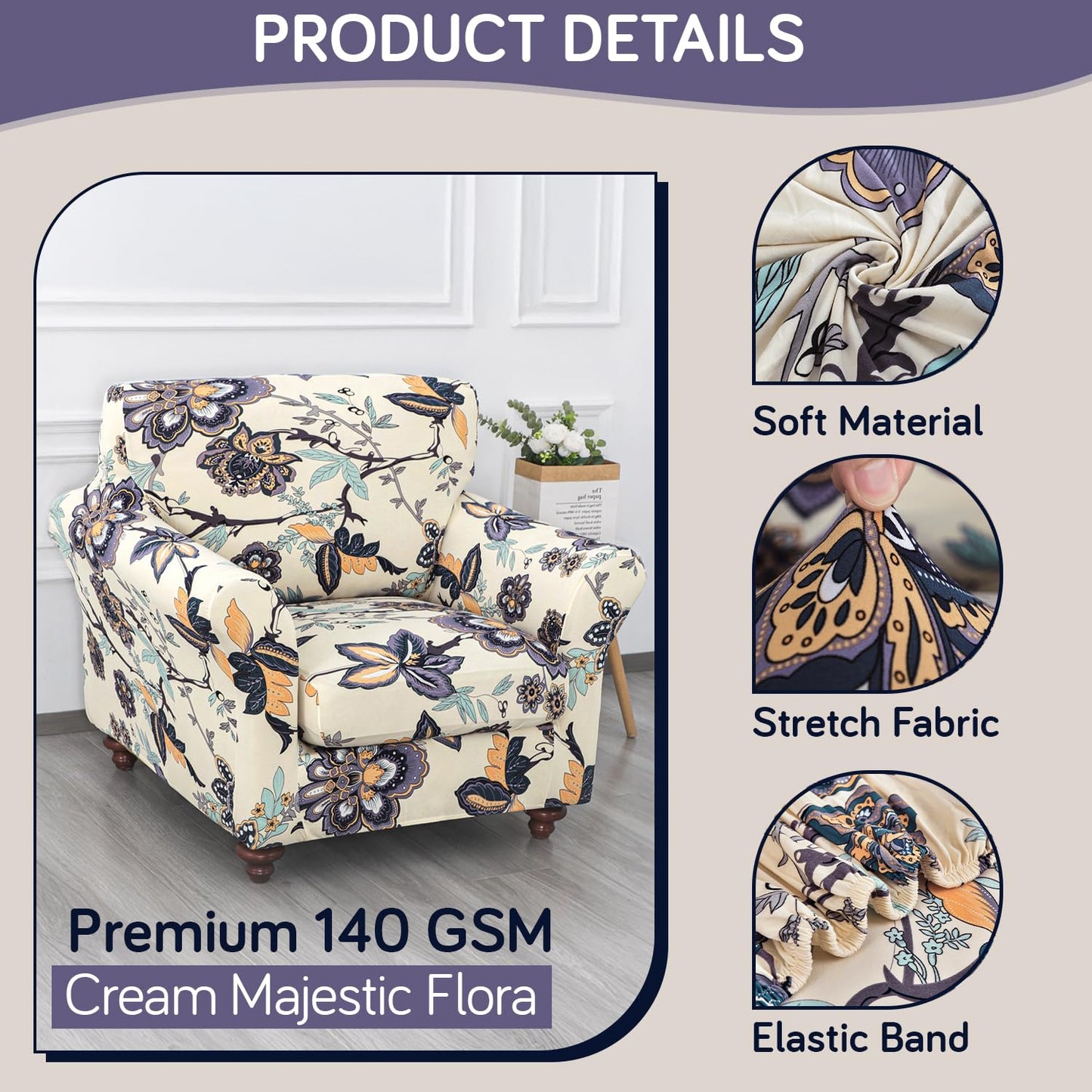 Printed Stretchable Sofa Slipcover with 1/2/3 Pc Separate Seat Cushion Cover for each 1/2/3 Seater, Cream Majestic Flora