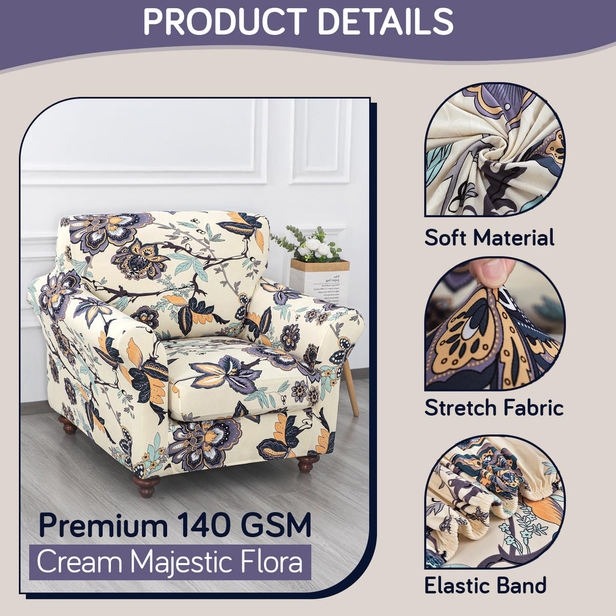 Printed Stretchable Sofa Slipcover with 1/2/3 Pc Separate Seat Cushion Cover for each 1/2/3 Seater, Cream Majestic Flora