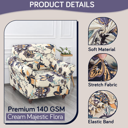 Printed Stretchable Sofa Slipcover with 1/2/3 Pc Separate Seat Cushion Cover for each 1/2/3 Seater, Cream Majestic Flora
