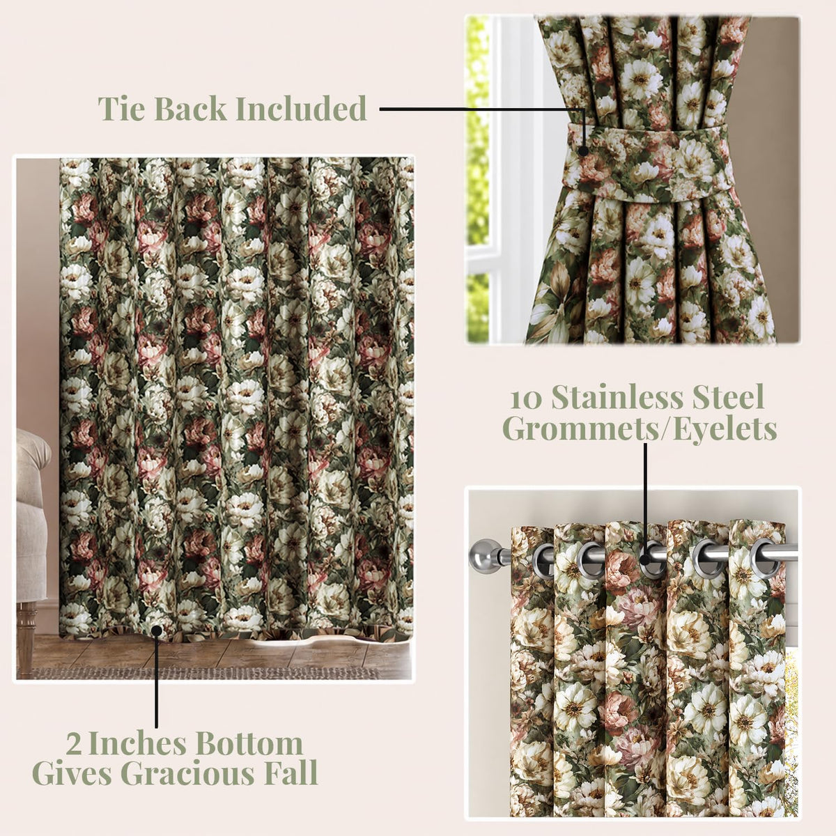 HOKIPO Shade Garden Curtains, 7 Feet Long - Vintage Bloom Sage Green - image 3
