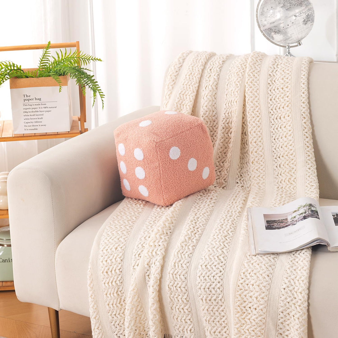HOKIPO Dice Shaped Plush Cushion for Gaming Room & Kids Decor, 22 cm, Peach