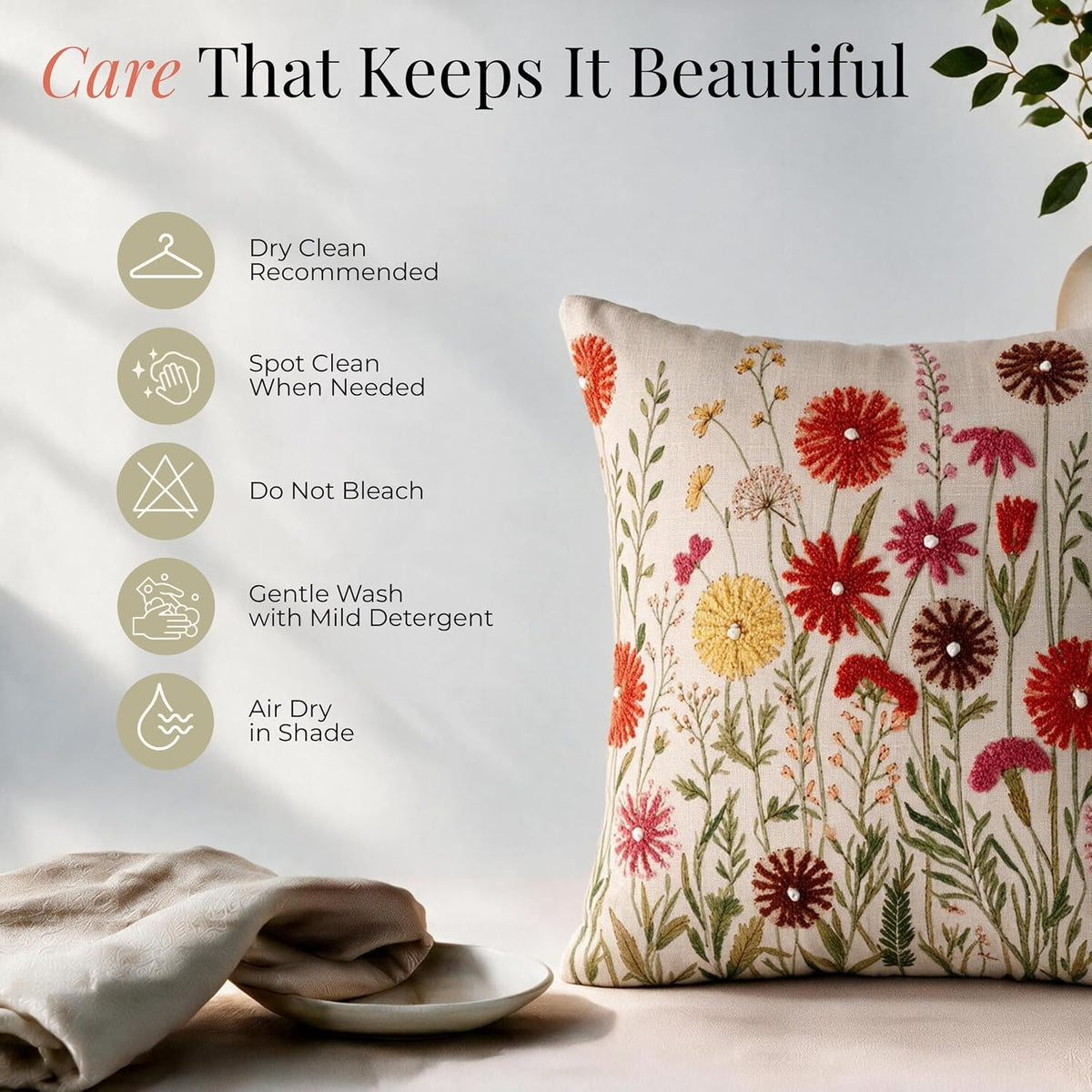HOKIPO Bouclé Embroidered Cushion Cover, Meadow Multicolor, 16 x 16 in - image 6
