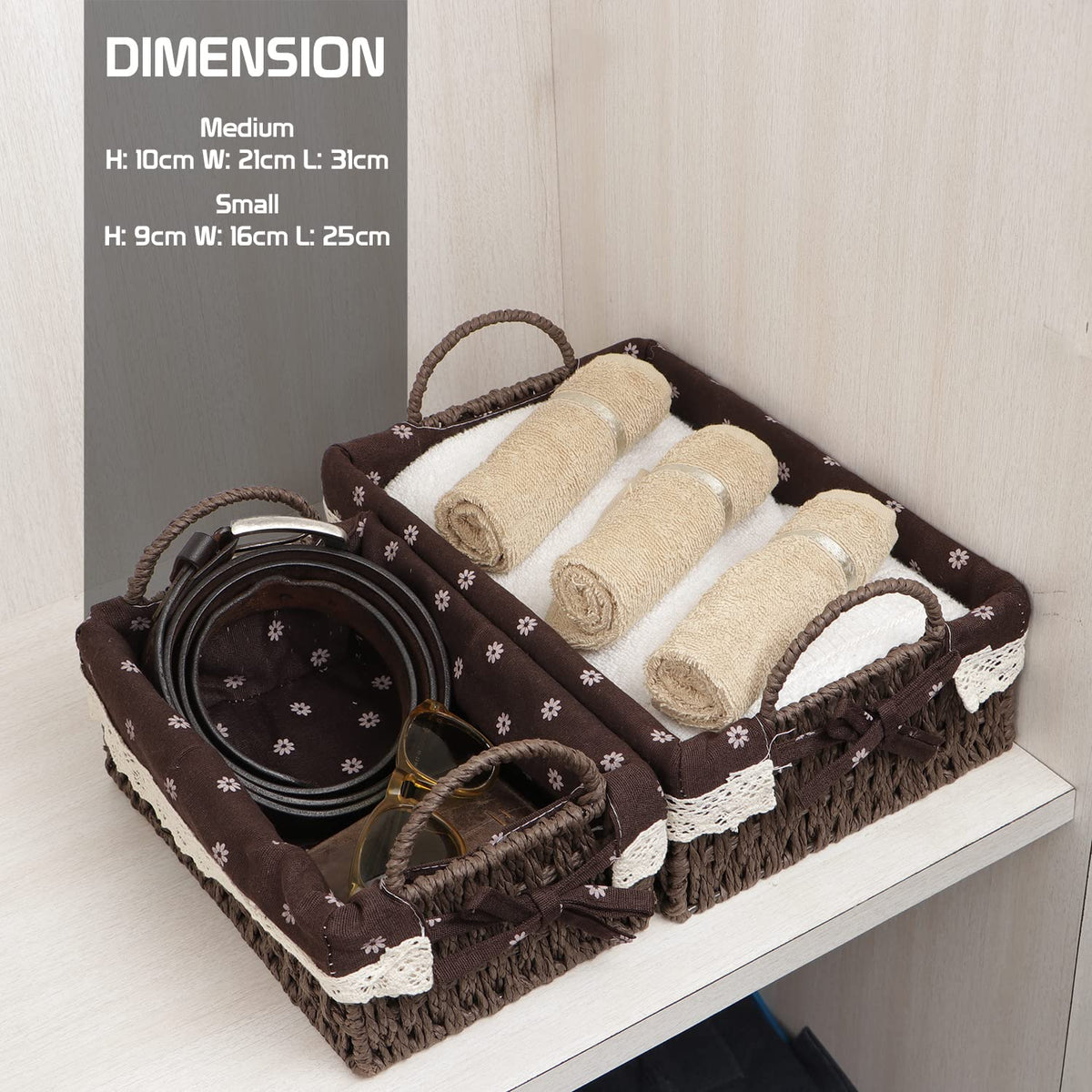 Environmental Friendly Paper Rope Wicker Storage Baskets with Handle, Pack of 2, Brown