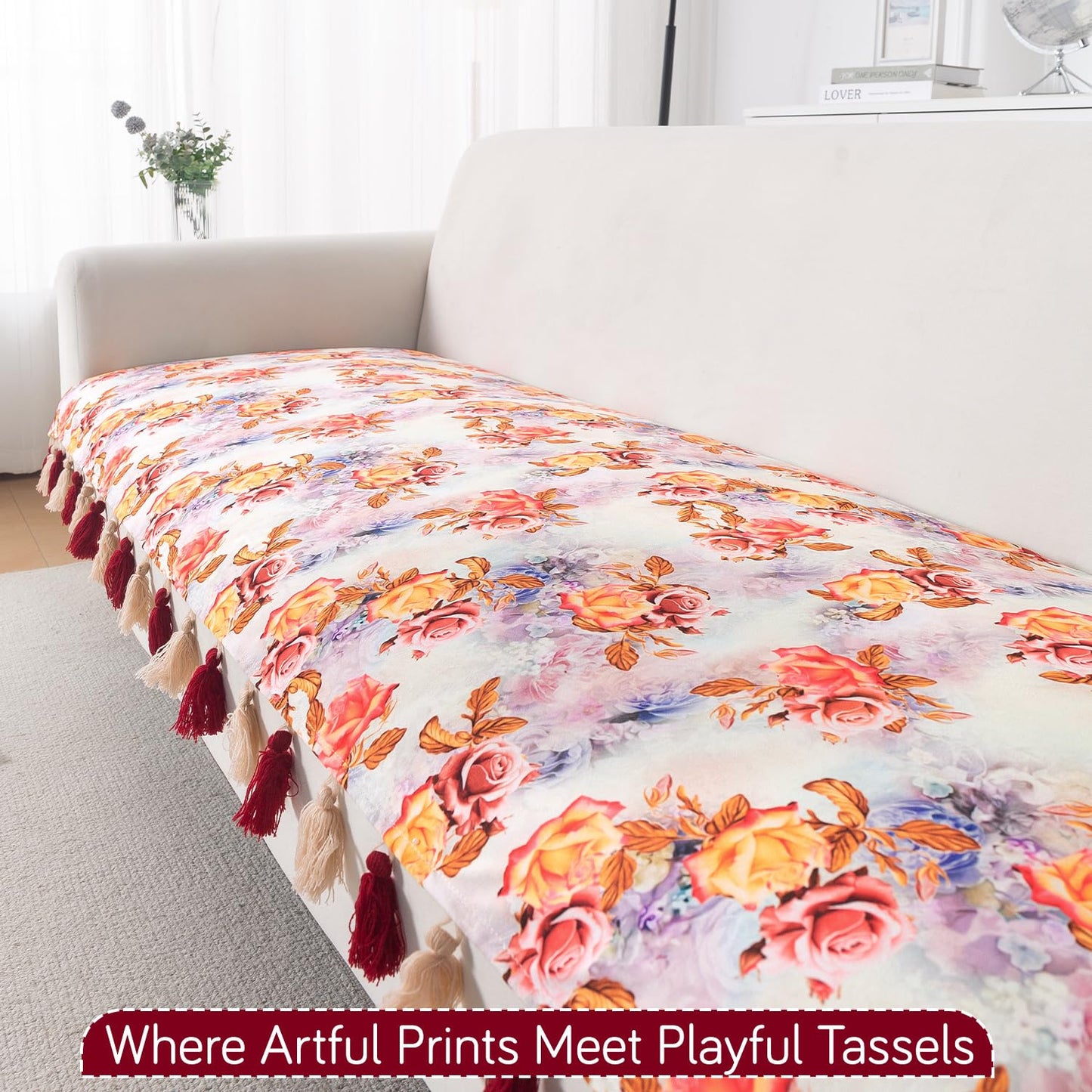 'Whispers of Nature' Series Holland Velvet Sofa Seat Mat with Tassel, Vintage Rose Bloom