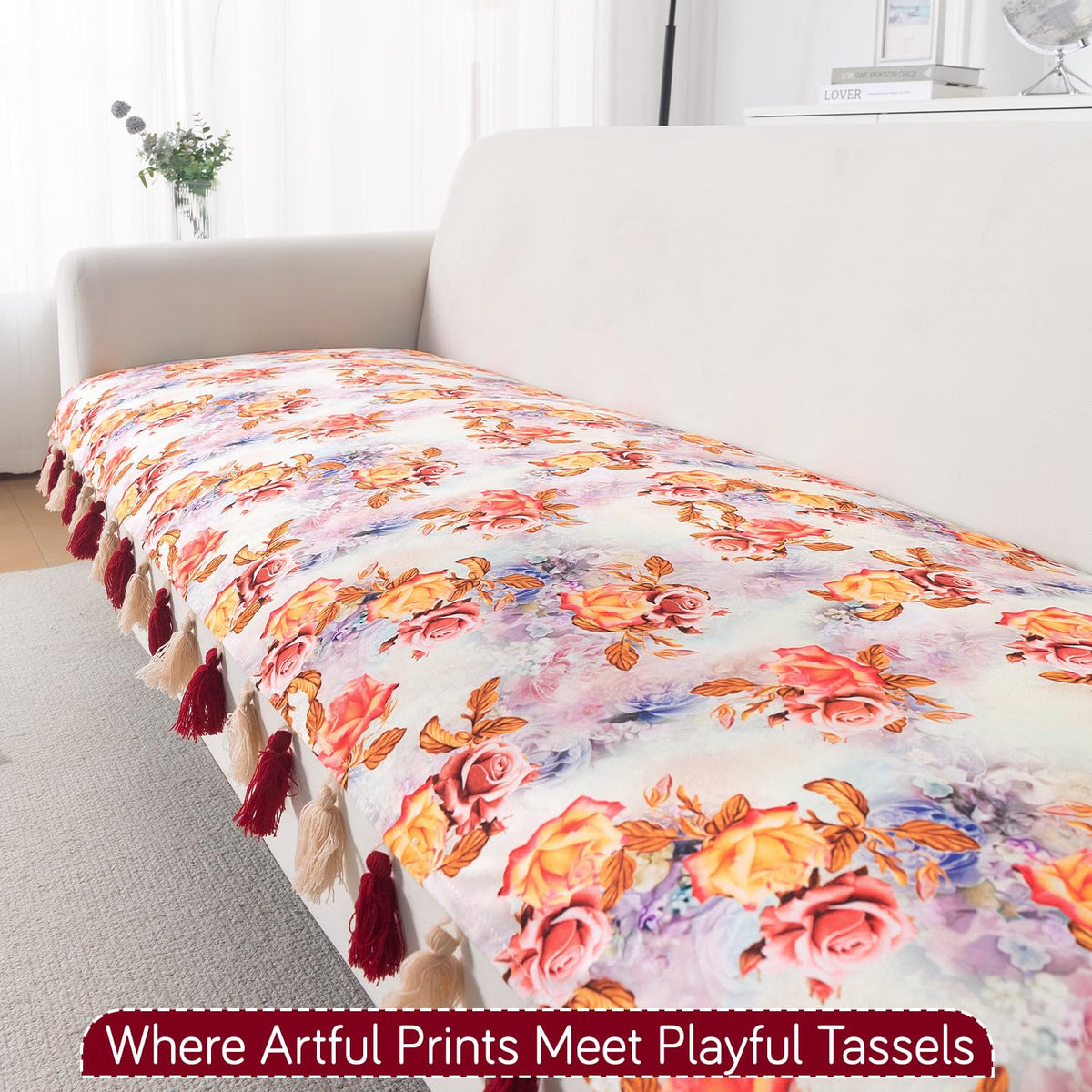 'Whispers of Nature' Series Holland Velvet Sofa Seat Mat with Tassel, Vintage Rose Bloom