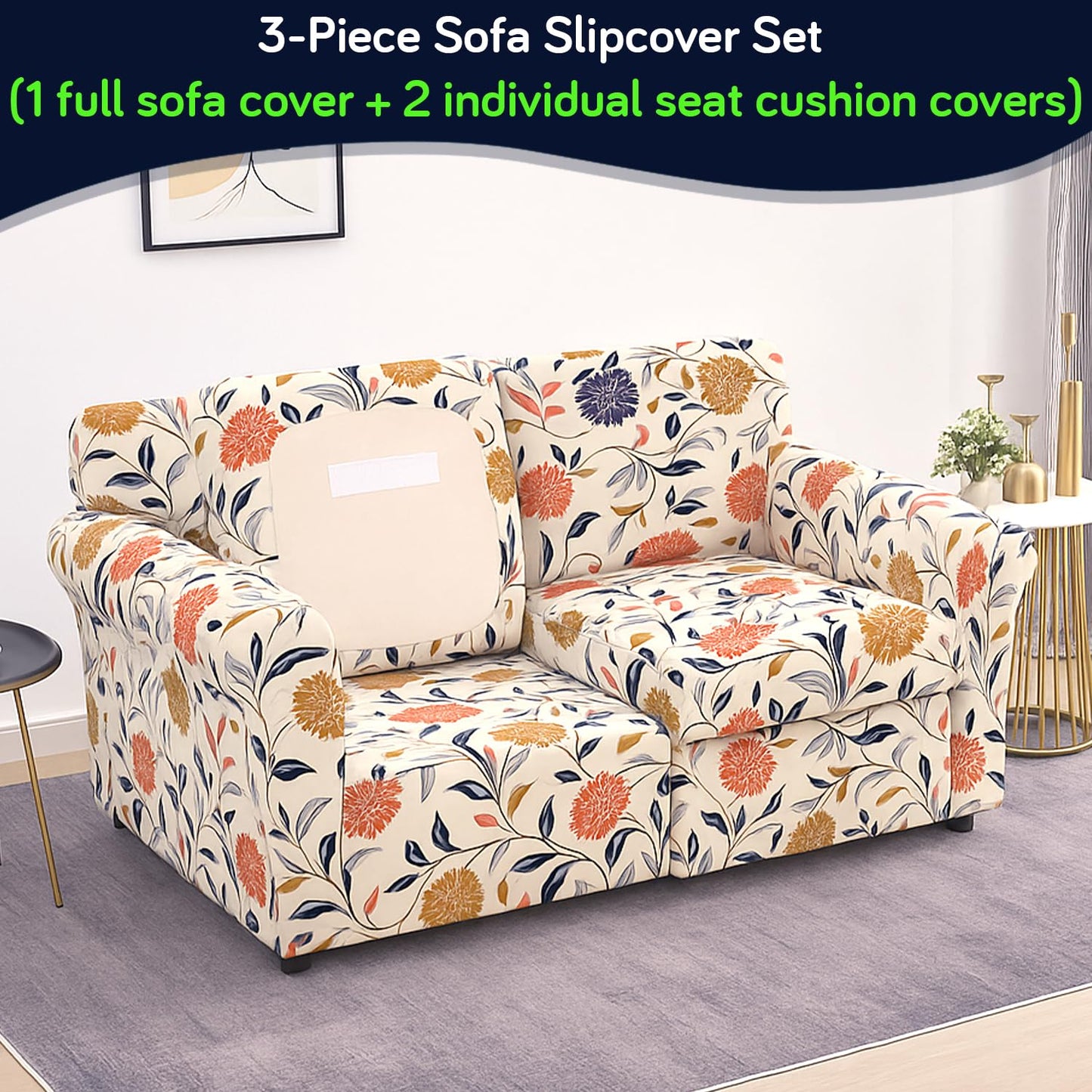 Printed Stretchable Sofa Slipcover with 1/2/3 Pc Separate Seat Cushion Cover for each 1/2/3 Seater, Sunset Botanical Bloom
