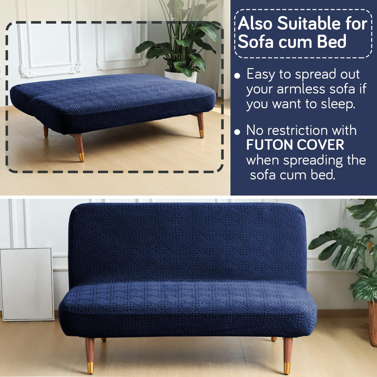Buy Navy Blue Colour Luxurious Jacquard Sofa Cum Bed Cover | HOKIPO
