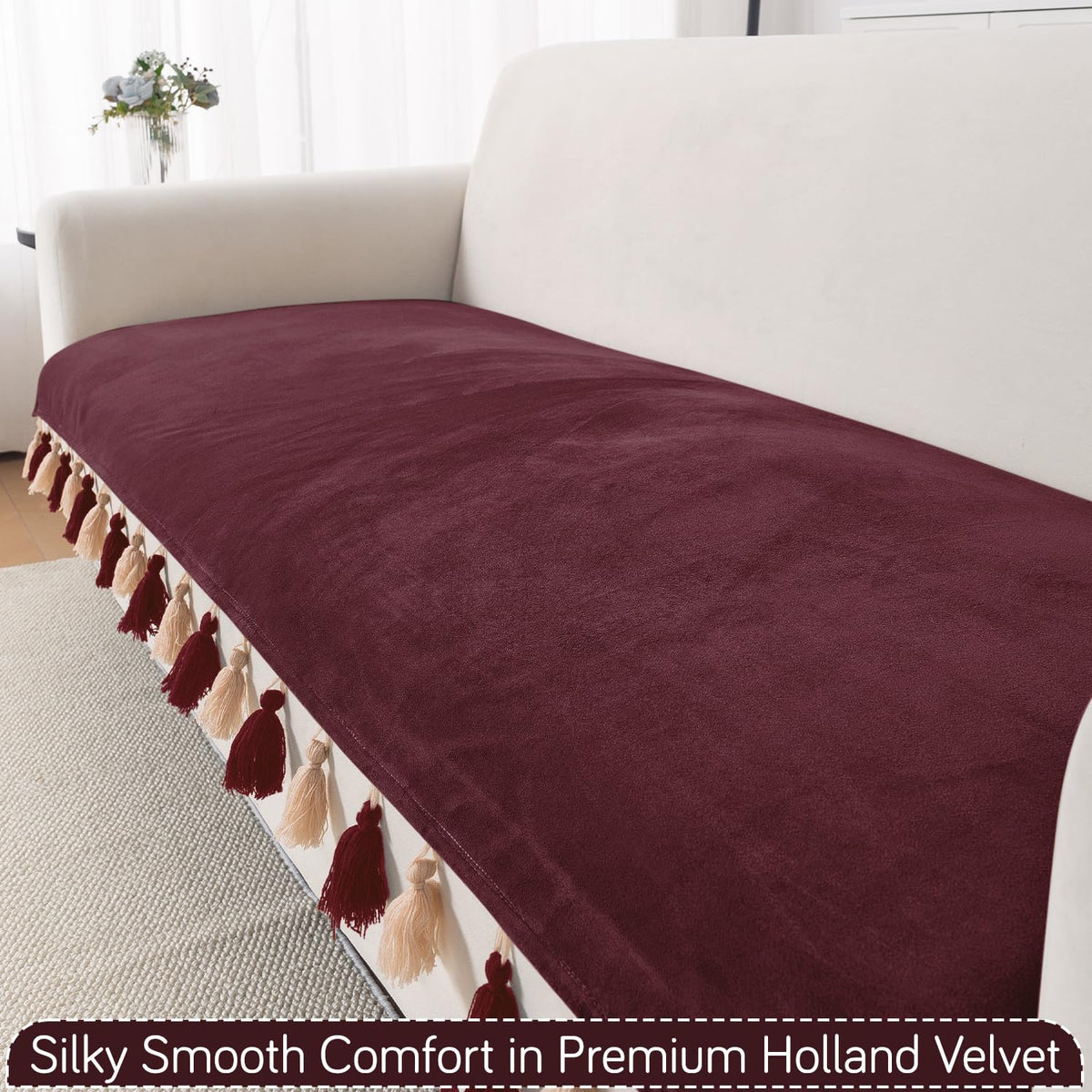 Premium Holland Velvet 5-Seater Sofa Cover (3+1+1), TasselTone Series | Wine Red
