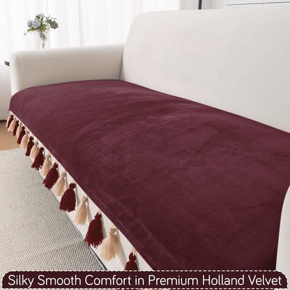 Premium Holland Velvet 5-Seater Sofa Cover (3+1+1), TasselTone Series | Wine Red