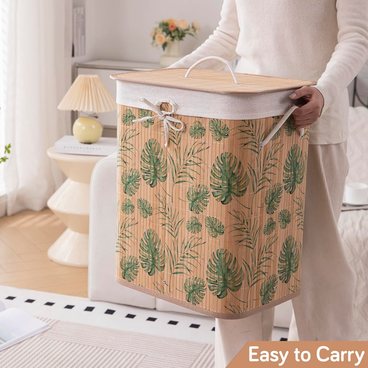 Eco-Friendly Foldable Bamboo Laundry Basket Hamper with Lid, Large - 60 Liter, Tropical Leaves