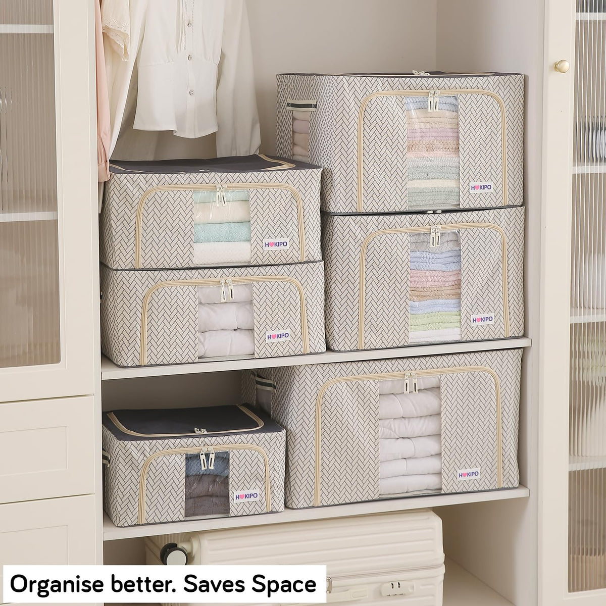 Wardrobe Organizer Storage Box | Foldable Cloth Storage Boxes with Metal Frame & Window | 600D Oxford Fabric, Cream Mist