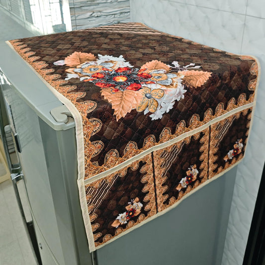Eternal Floral Printed Quilted Fridge Top Cover with side Pockets - Golden Bloom