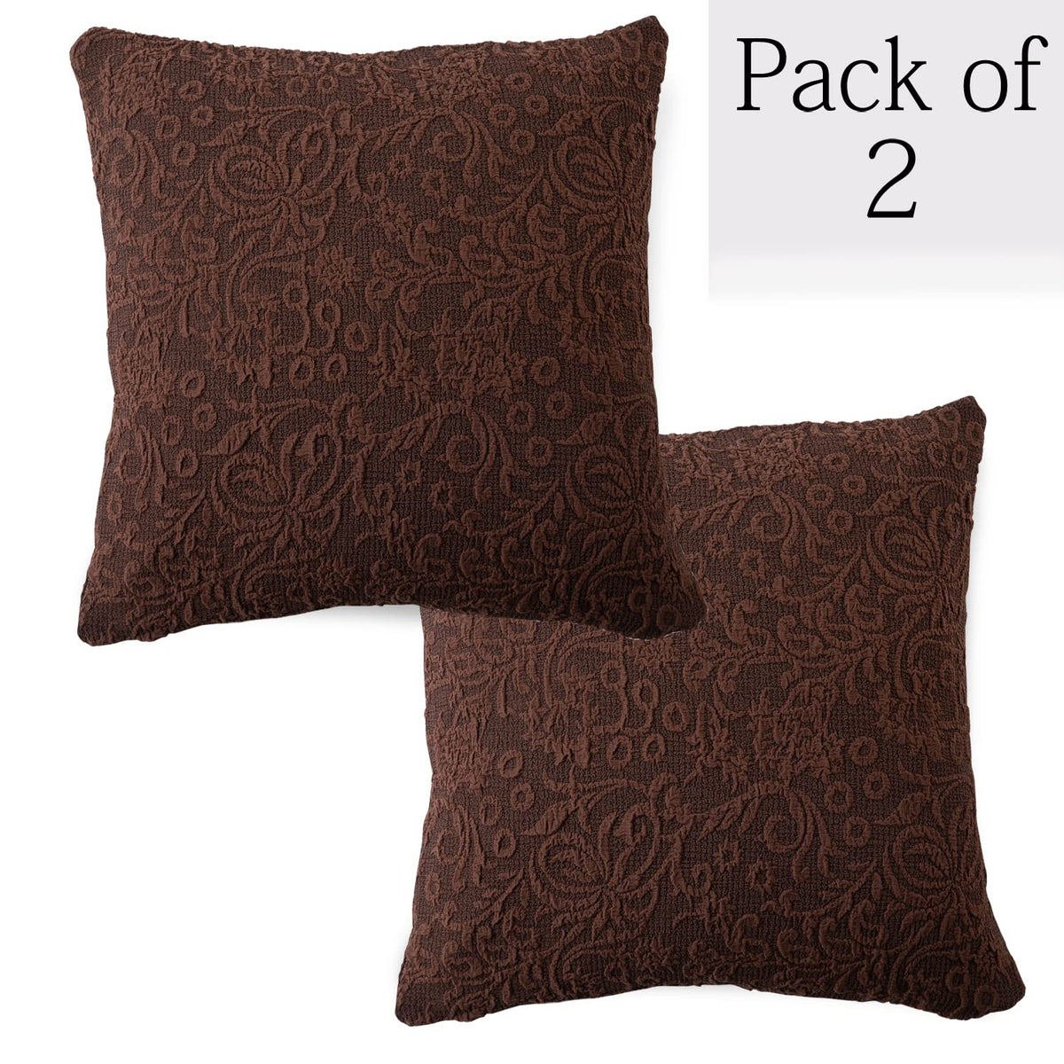 Elegant Pecan Brown Colour Woven Jacquard Zippered Square Cushion Cover - Set of 2