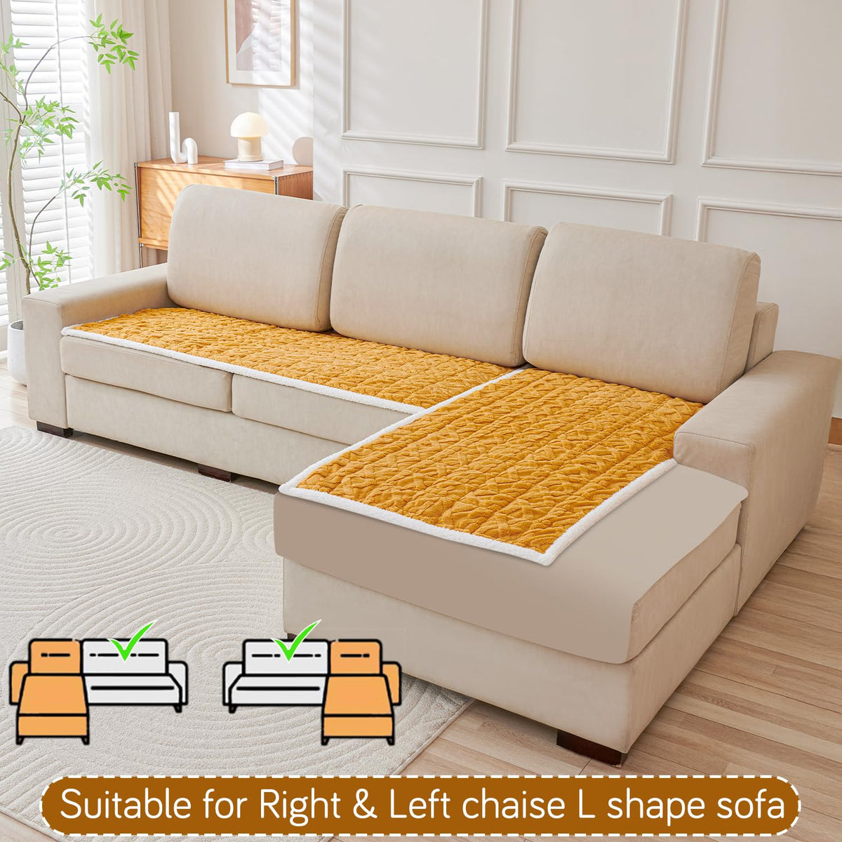 Italian Caelora Luxury Jacquard Plush L Shape Sofa Cover Seat Mat - Honey Yellow