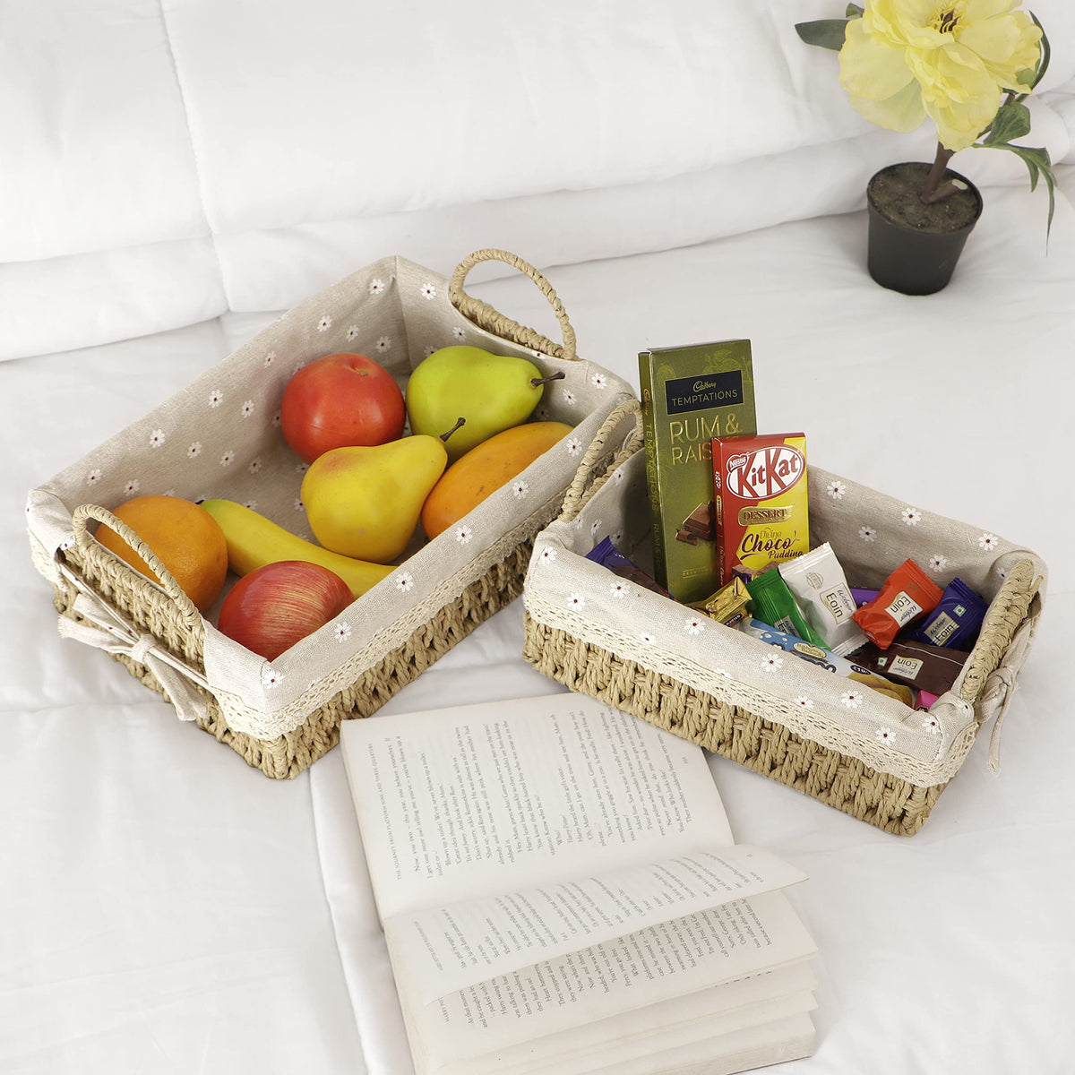 Environmental Friendly Paper Rope Wicker Storage Baskets with Handle, Pack of 2, Beige