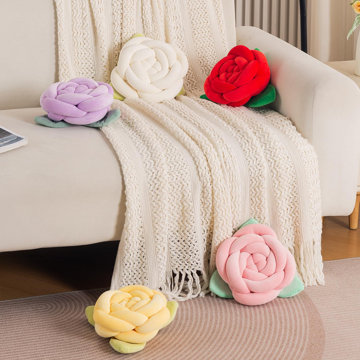 HOKIPO Rose Flower Shaped Cushion for Sofa & Bed, 22 cm, Purple