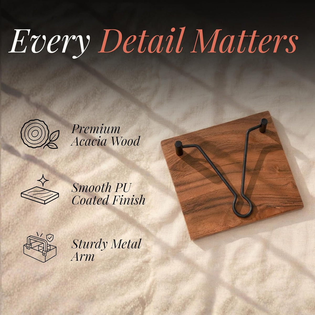HOKIPO Arbor Acacia Wood Napkin Holder, Weighted Iron Arm, Tissue Holder - image 3