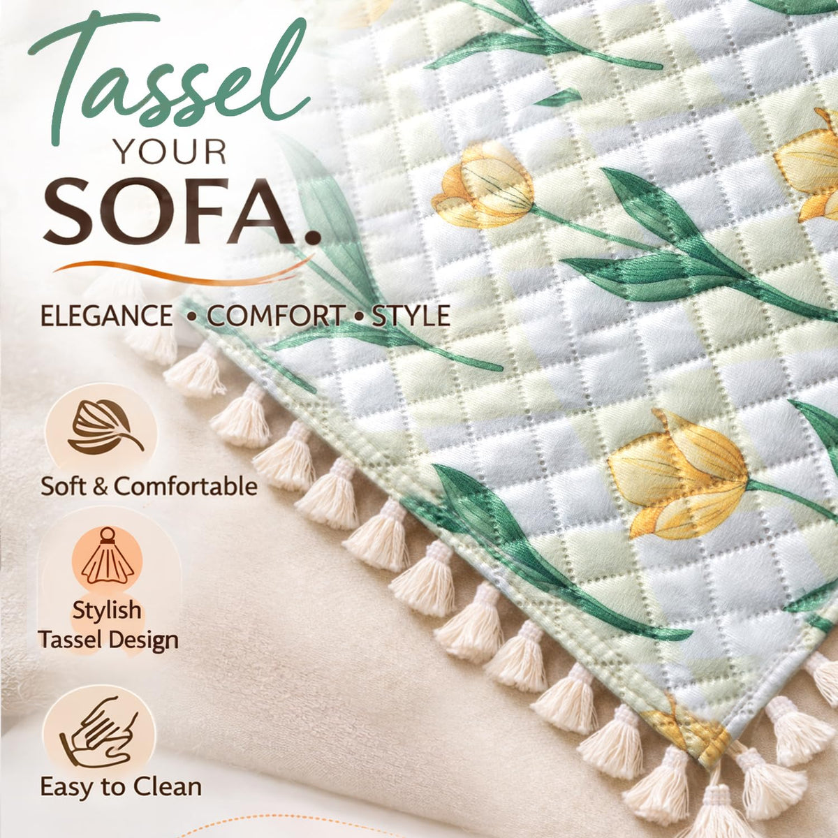 Quilted Sofa Cover 5-Seater Sofa Cover (3+1+1), Tassel Twigs | Tulip Blossom