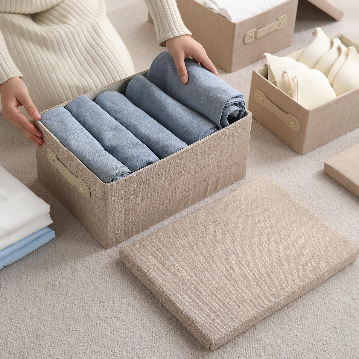 Organisers Storage Box with Lid, Beige, Pack of 2