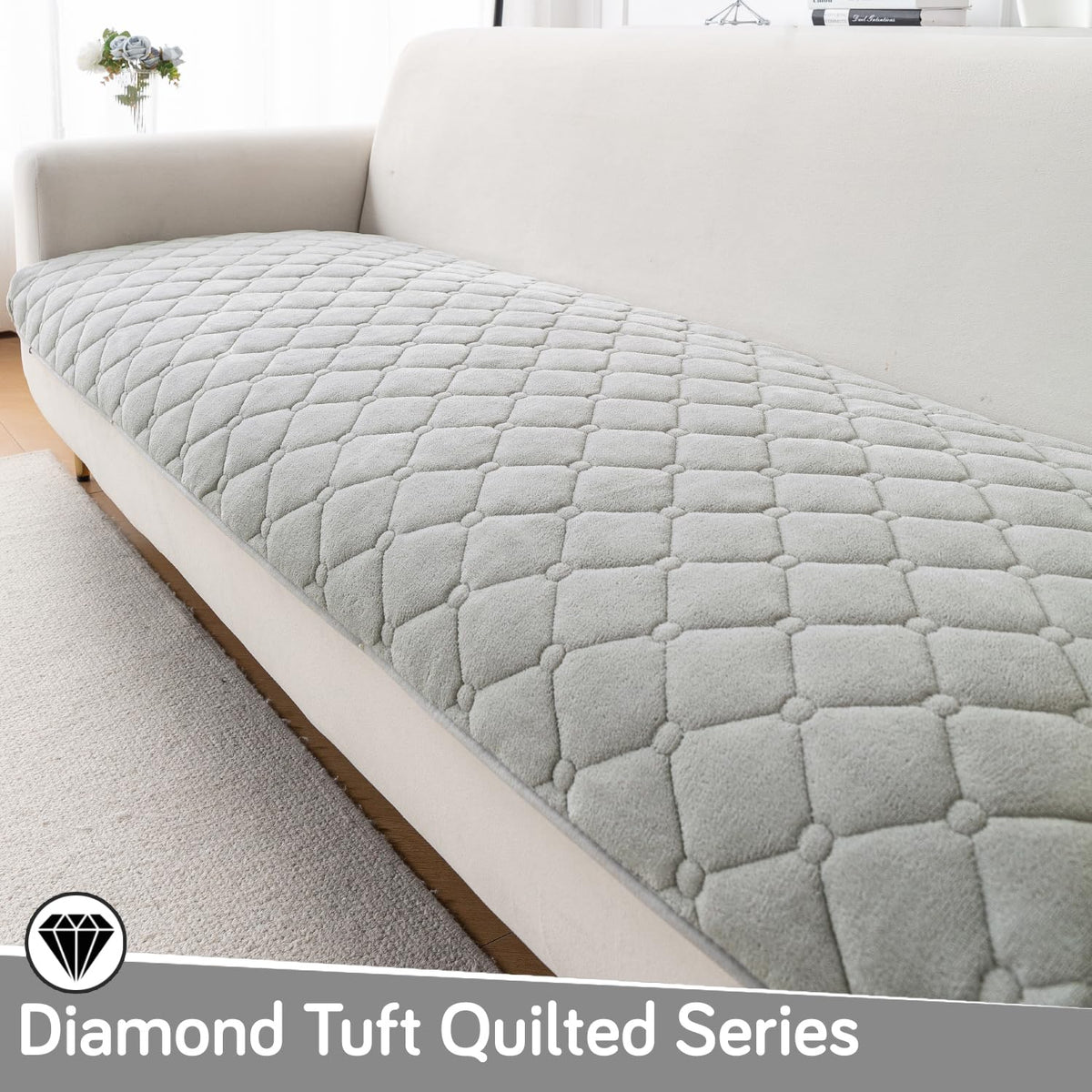 Diamond Tuft Quilted 5-Seater Sofa Mat (3+1+1), Anti-Slip, Mist Grey