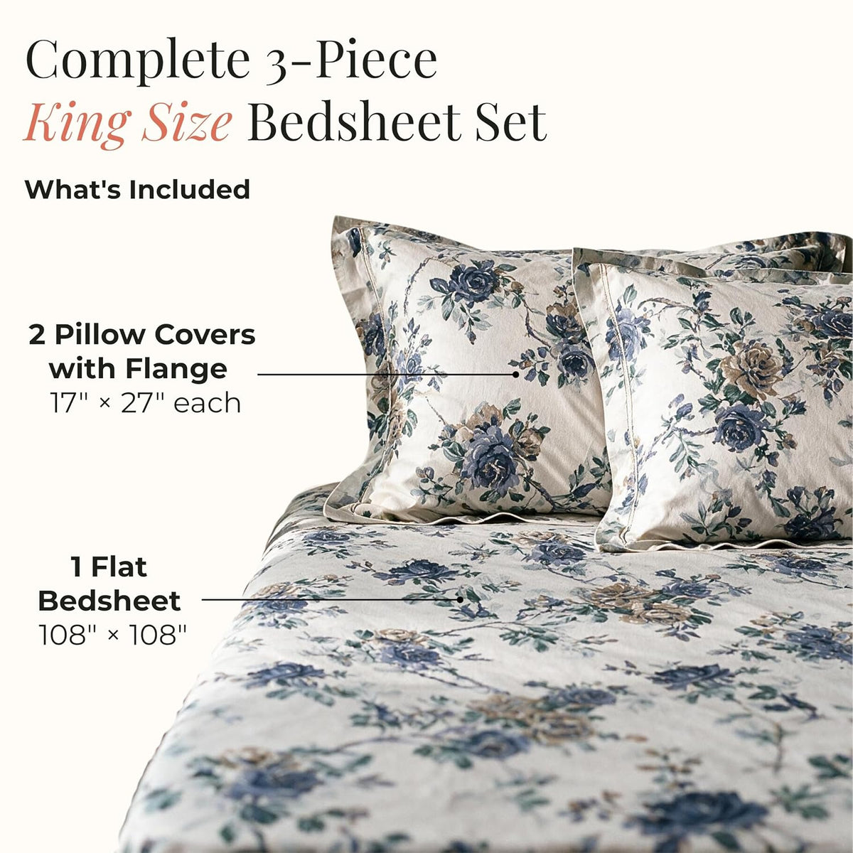 HOKIPO Floral 180 TC Cotton Twill Flat Bedsheet in King Size, Blue & White - image 5