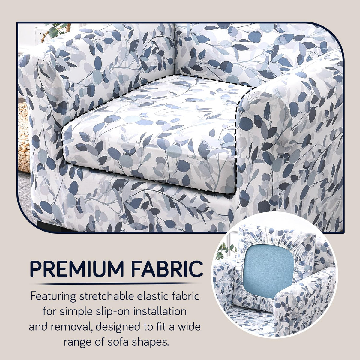Printed Stretchable Sofa Slipcover with 1/2/3 Pc Separate Seat Cushion Cover for each 1/2/3 Seater,Frost Blue Foilage