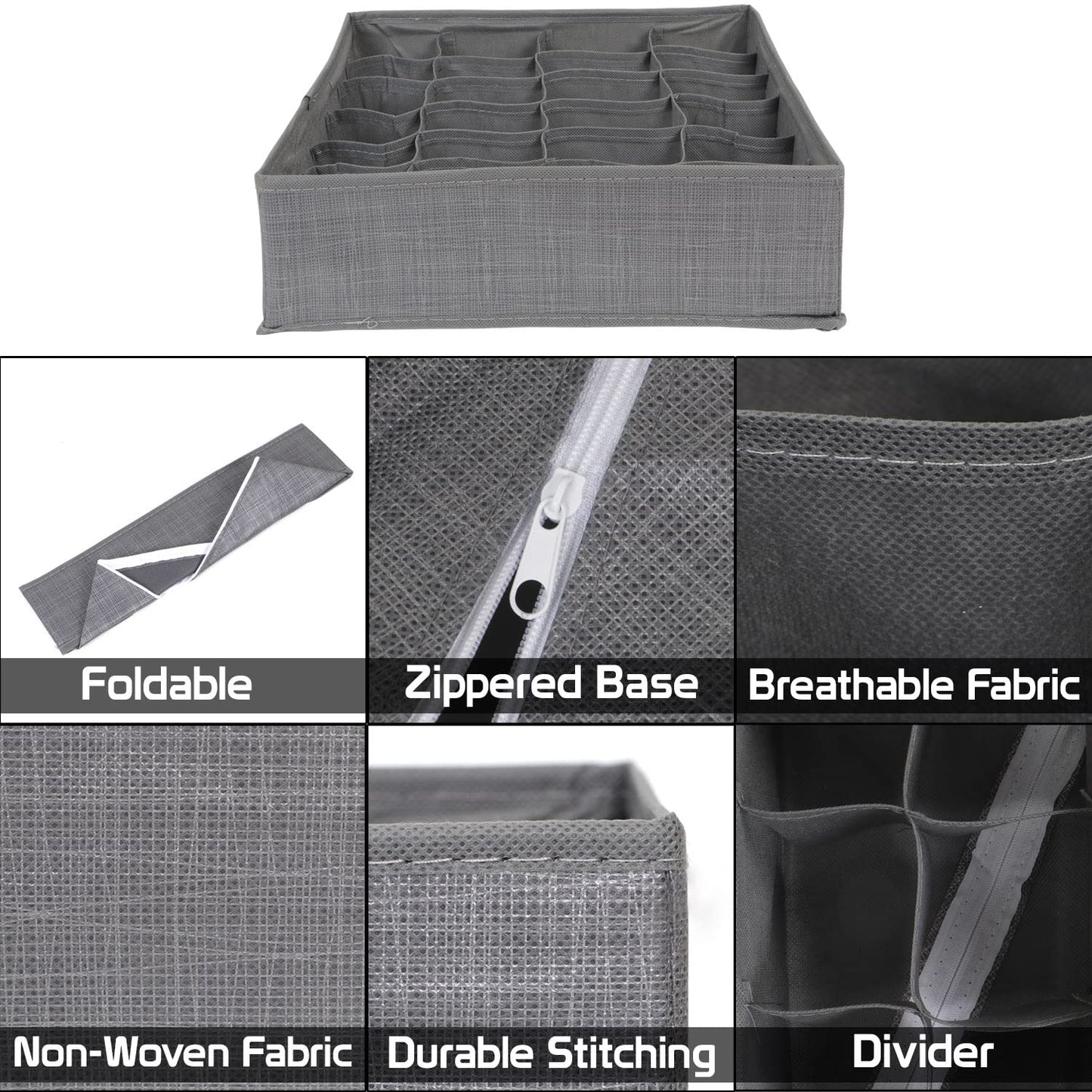 Non-Woven Fabric Undergarment Organizer Storage Box For Drawers Bra Panty Socks Tie Lingerie Organizer For Wardrobe, Grey