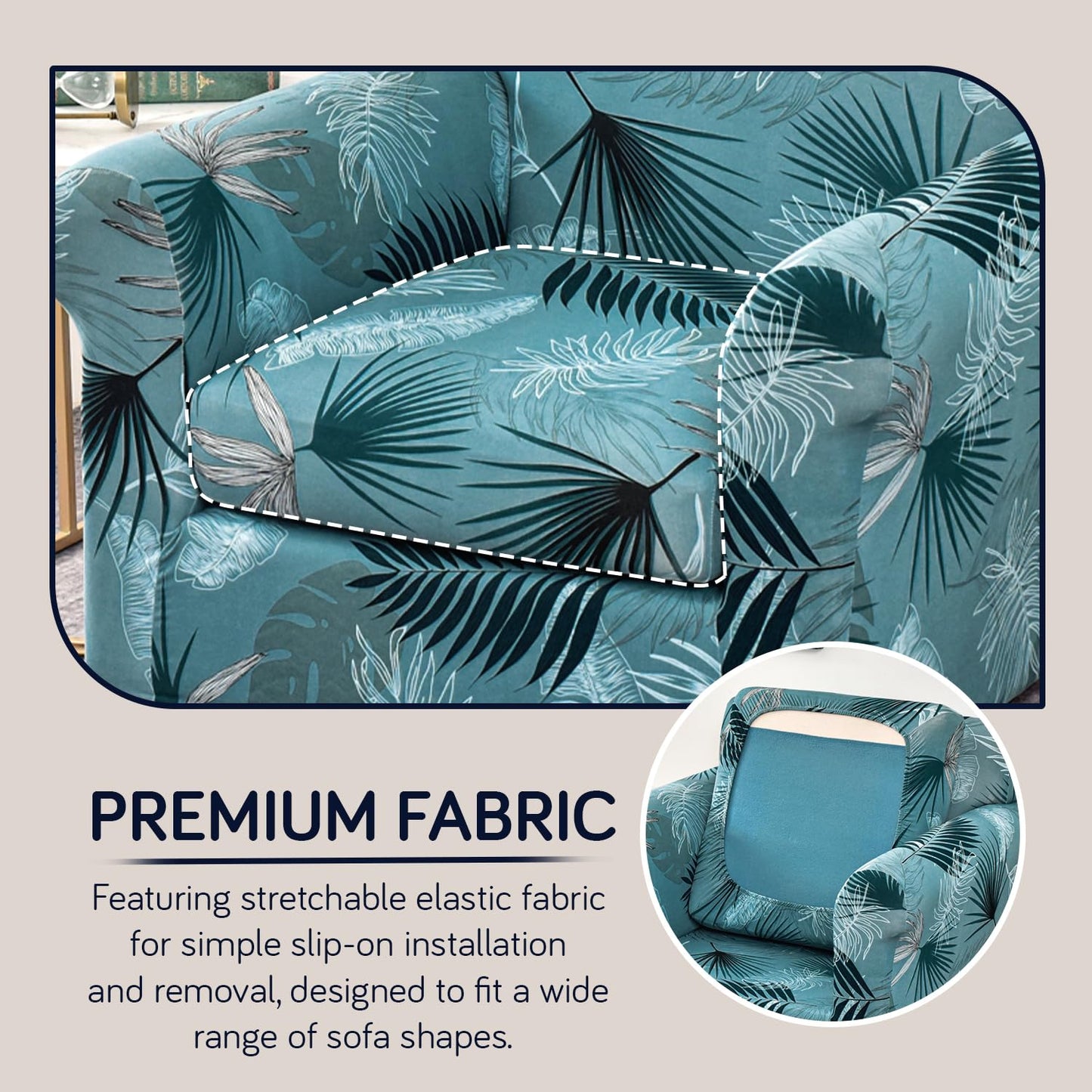 Printed Stretchable Sofa Slipcover with 1/2/3 Pc Separate Seat Cushion Cover for each 1/2/3 Seater, Aqua Palm Whisper