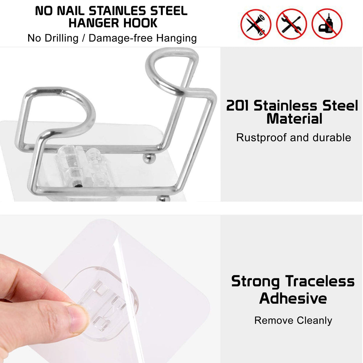 Magic Sticker Series Glass Wall Adhesive L Hooks With Load Capacity 5 Kg Each - Pack Of 1/2/4, Silver