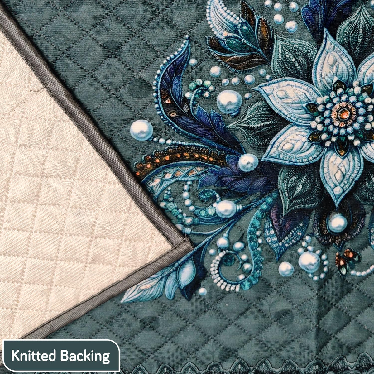 Eternal Floral Printed Quilted Fridge Top Cover with side Pockets - Icy Floral