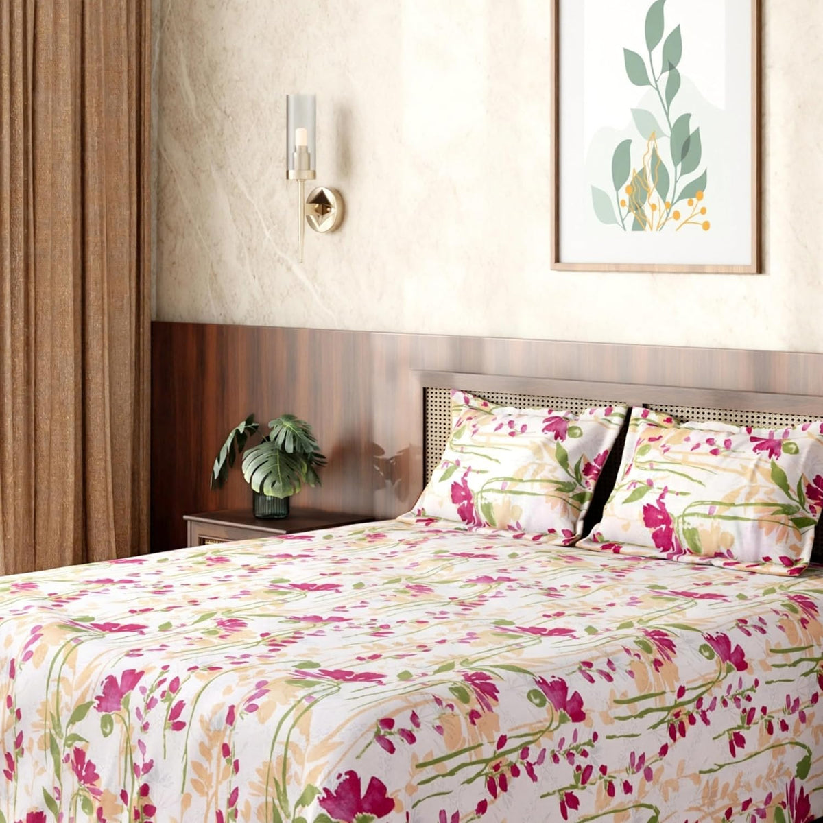 HOKIPO King Size Cotton Bedsheet, 2 Pillow Covers, Floral, Indigo Blue - image 14