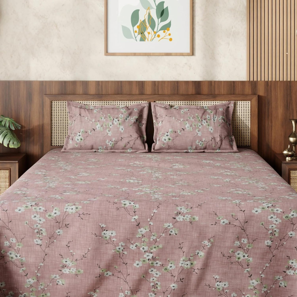 HOKIPO King Size Cotton Bedsheet, 2 Pillow Covers, Floral, Antique Rose - image 9