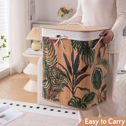Eco-Friendly Foldable Bamboo Laundry Basket Hamper with Lid, Large - 60 Liter, Ficus Leaves