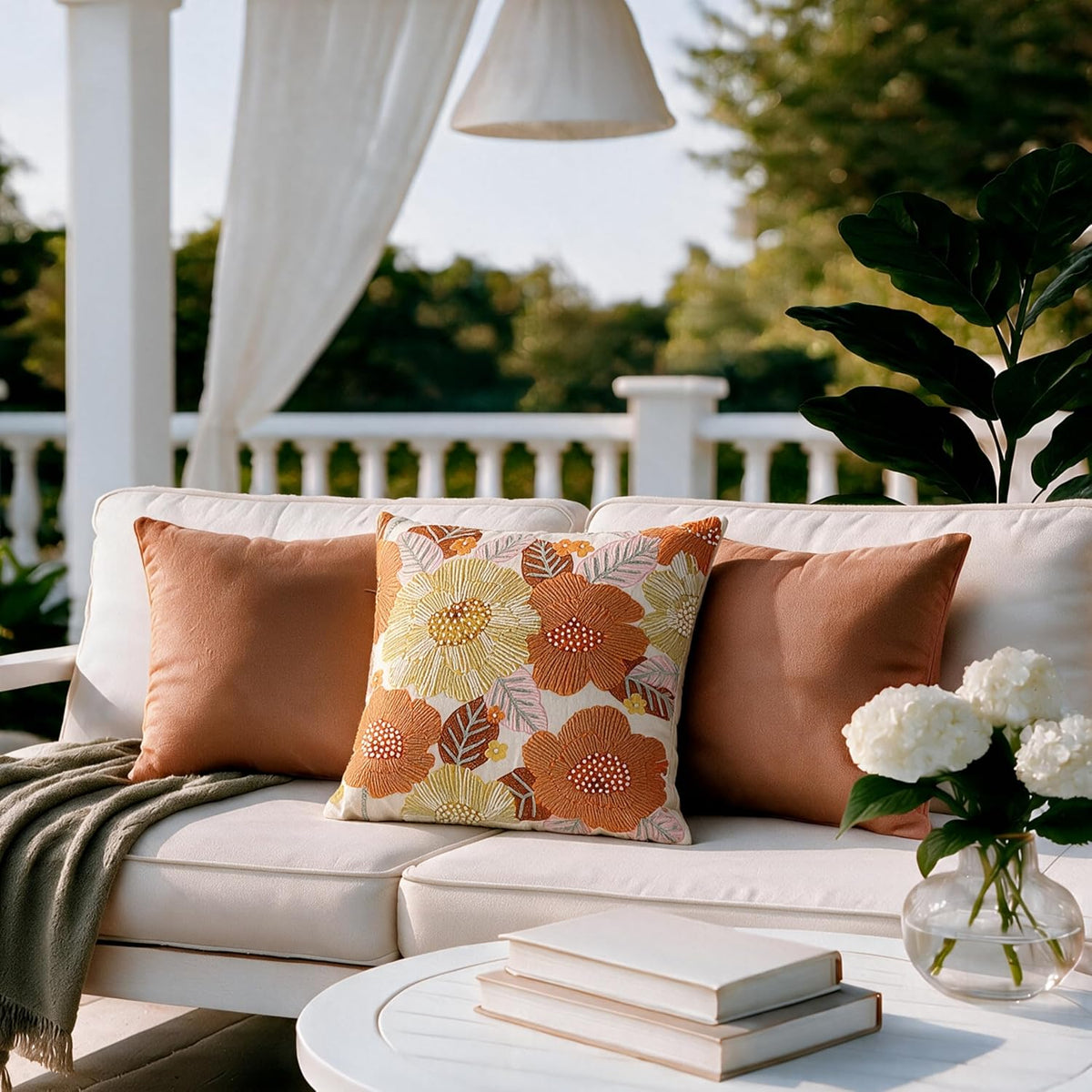 HOKIPO Printed Cushion Cover with Embroidery, Tropical Bloom Orange, 16 x 16 in - image 7