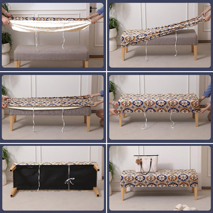 Premium Printed Velvet Dining Bench Cover, Indigo Moroccan Charm